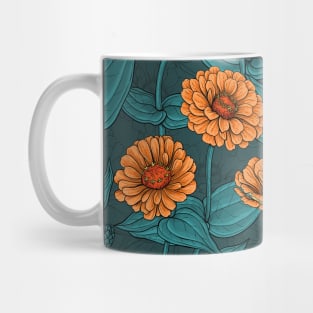 Orange Zinnia flowers,  blue leaves on dark blue Mug